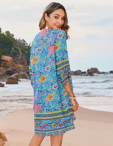 Image of Zeagoo Womens Boho Dresses Casual Beach Summer Dress Tassel Tie Neck 3 /4 Long Sleeve Mini Sundress 2026 Floral Print Cover Up