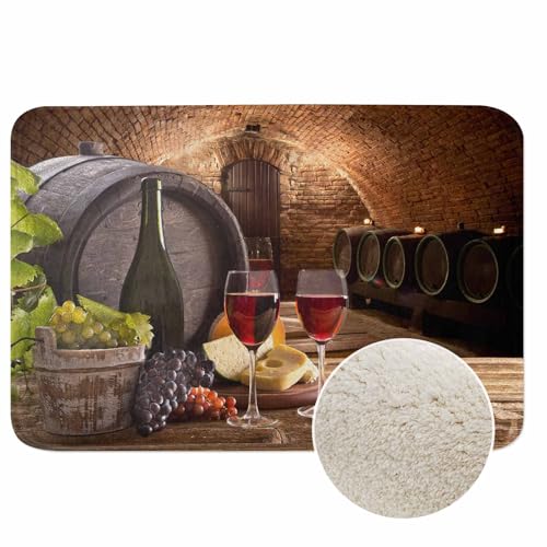 Wine Bottle and Glasses Bathroom Mat Rugs Vintage Wodden Barrel