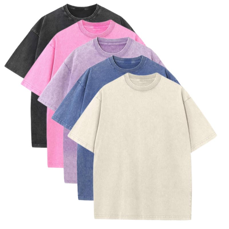 T-Shirts Pack:Unisex Cotton Crew T Shirts Bulk Short Sleeve Heavyweight Vintage Tees Mix Colors Clothes Basic Tops