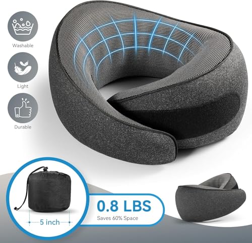 Image of SZXYX Travel Pillows - 100% Pure Memory Foam Neck Pillow for Airplanes, Comfortable Breathable Cover, 360 Support Stowable Pillows for Sleeping, Car, Airport Travel Essentials, Pigeon Grey
