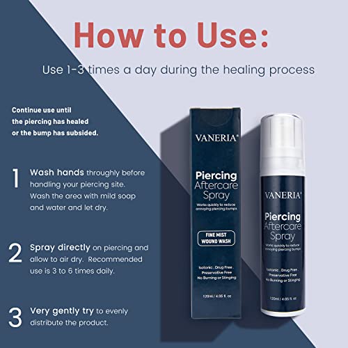 Vaneria Piercing Aftercare Spray, Piercings Treatment To Shrink Clean And Heal New, Irritated, Red & Angry Piercings, Piercings Bumps Fine Mist Travel Size, 120Ml #TOP6