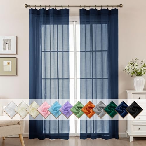 Image of Navy Blue Sheer Curtains 84 Inches Long, Privacy Semi Sheer Curtains for Living Room Bedroom, Light Filtering Rod Pocket Voile Window Drapes 2 Panels Set, Each 42 inch W x 84 inch L