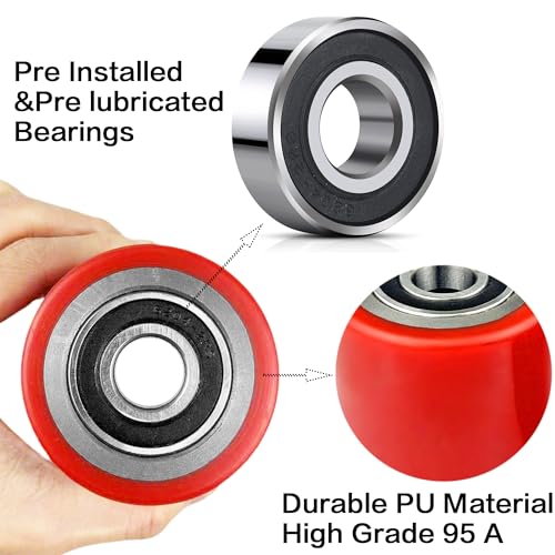 Image of Heavy Duty Pallet Jack Load Wheels Replacement Kit 3 inchx3.75 inch (Red,3 Pair) | Including PU Tread Wheel,Pre-Installed Bearings ID 20mm,Axles(Length 4.8 inch) & Pins, Also for Manual Hand Lift Truck Rear