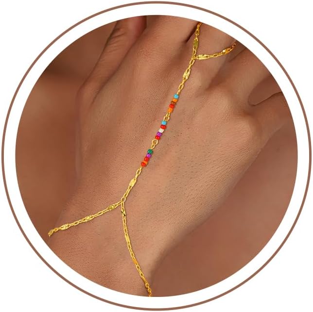 Hand Chain Bracelets for Women - 14K Real Gold Plated Dainty Stackable Paperclip Link Bracelets Hand Chain Bracelet Ring Gold Bracelets for Women Trendy