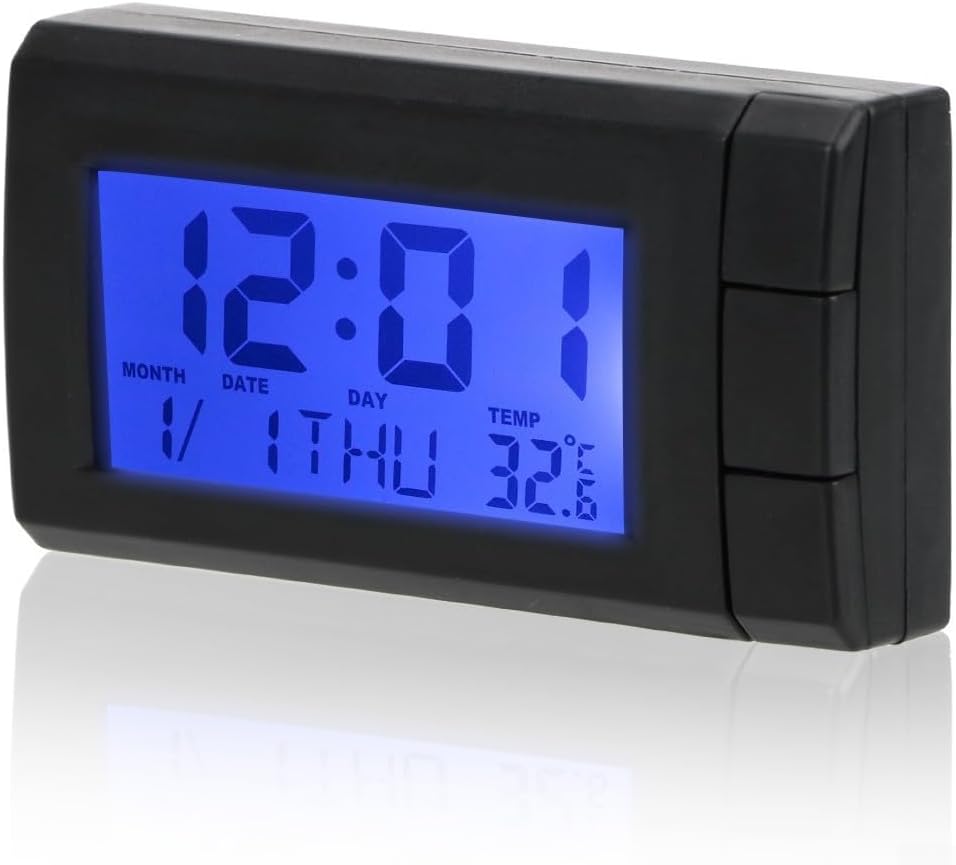 Car LCD Digital Display Clock with Calendar, Date & Interior Thermometer for Dashboard – ABS Housing, Battery Powered (1 Pack)