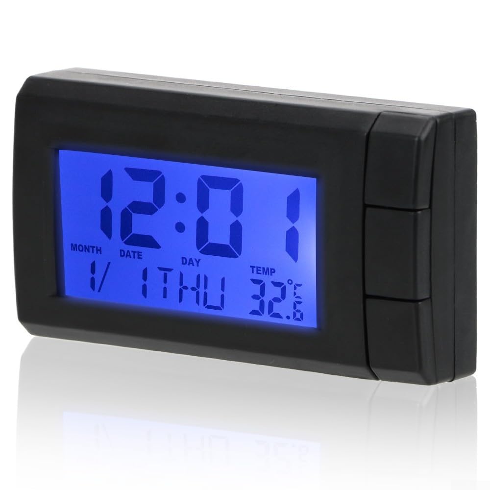 Yhenlovtt Reloj de pantalla digital LCD para coche con calendario y termómetro, soporte ABS para salpicadero, fecha y función para vehículos