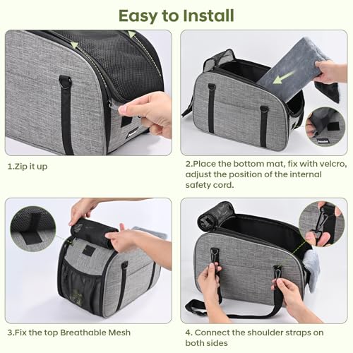 Petzauber Hundeautositz für Kleine Hunde – Hunde Autositz für Mittelkonsole, Tragbarer Hundesitz mit Doppeltem Sicherheitsgurt und Rutschfester Unterseite, Waschbarem Kissen, Lagerungstasche, Grau