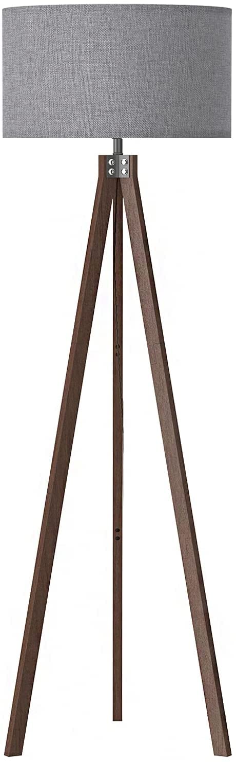 LEPOWER Wood Tripod Floor Lamp, Mid Century Standing Lamp, Modern Design Reading Floor Lamp for Living Room, Bedroom and Office, Flaxen Lamp Shade with E26 Lamp Base（Dark Brown）