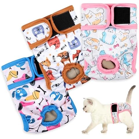Reusable Cat Diapers 3 Pack with Good Absorbency Cat Diapers for Female Cats Small& Male Cat Easy to Put on Adorable Diapers for Cats Secure Fit M Cover