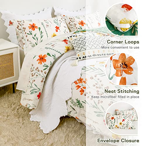Cozytide King Size Comforter Set, Cotton White Floral Bedding Comforter Sets With Green Botanical Flower Printed 3Pcs Ultra Soft Microfiber Inner Fill Reversible Fluffy Spring Comforter Set #TOP4