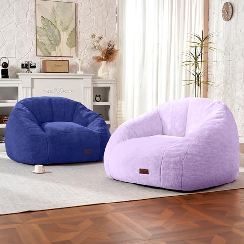 Image of HABUTWAY Bean Bag Chair, Giant Bean Bag Chairs for Adults with Ottoman, Comfy Faux Fur Shell-Shaped Bean Bag Couch, Sofa Chair for Living Room, Bedroom, Navy Blue