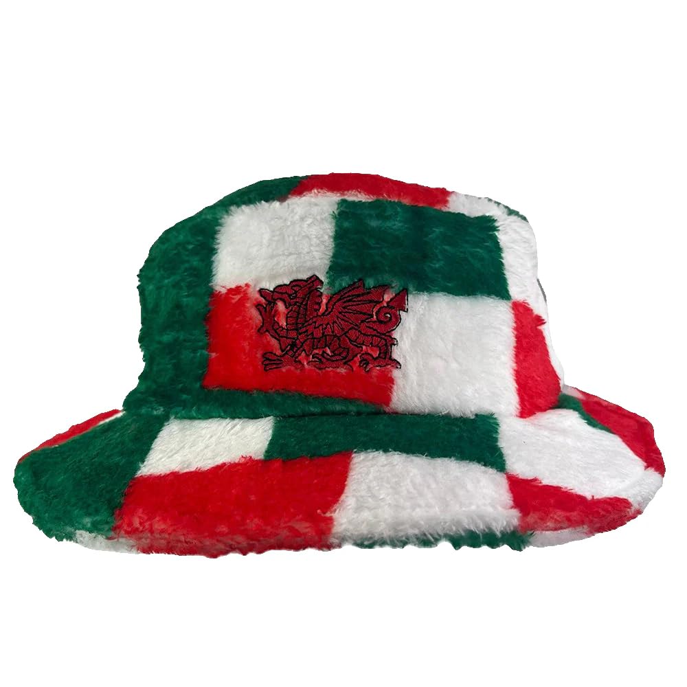 Manav Unisex Red Green White Wales Tri Fleece Welsh Patchwork Bucket Hat 100% Cotton Sun Protection Fisherman Hats For Hunting Camping Hiking Travelling Fishing Football Outdoor Casual Holiday Festivals Lightweight