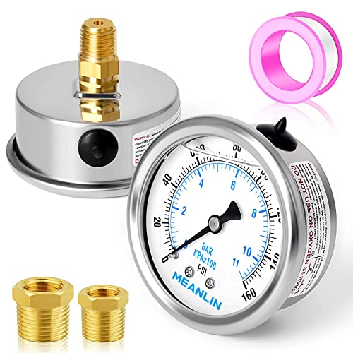 Image of MEANLIN MEASURE 0~160Psi Stainless Steel 1 /4 inch NPT 2.5 inch FACE DIAL Liquid Filled Pressure Gauge WOG Water Oil Air Center Back Mount, with 1 /2 inch NPT and 3 /8 inch NPT Hex Bushing