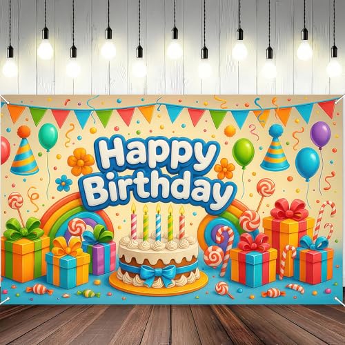 Image of BlissYard Rainbow Cake Birthday Banner Backdrop 71x43 Inch
