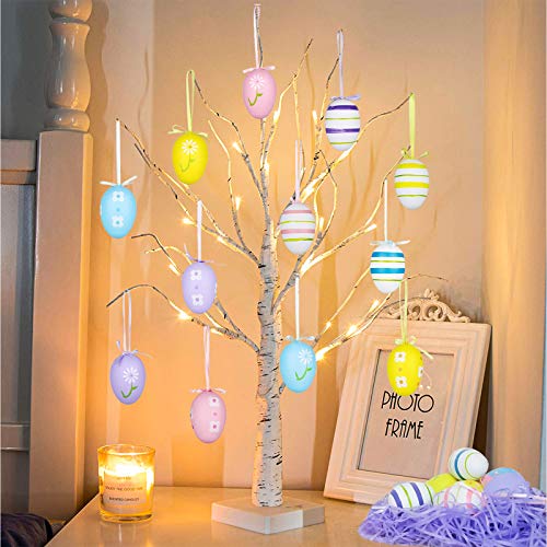 Easter Decorations, DIY Artificial Tree Lamp 24 inch Easter Tree White Birch Tree with Set of 12 Hanging Easter Egg Ornaments for Easter Home Decoration Wedding Holiday Party Birthday Indoor Use