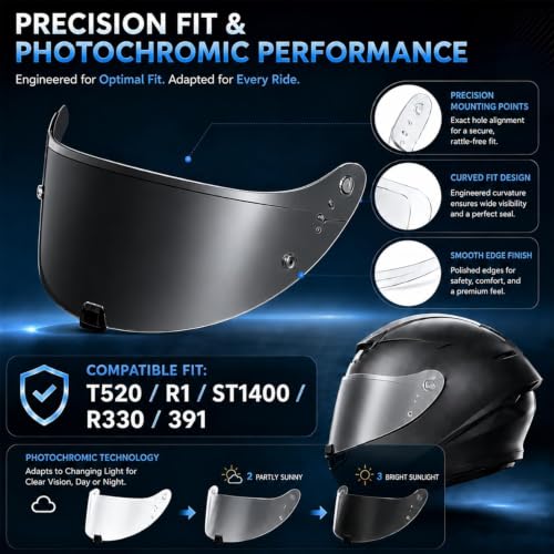 Image of PSLER Photochromic Shatterproof Helmet Visor for R330 T520 ST1400 R1 391 | Impact-Resistant ,UV400 Protection, Motorcycle Tinted Face Shield for R330 T520 ST1400 R1 Air 391,Visor Replacement