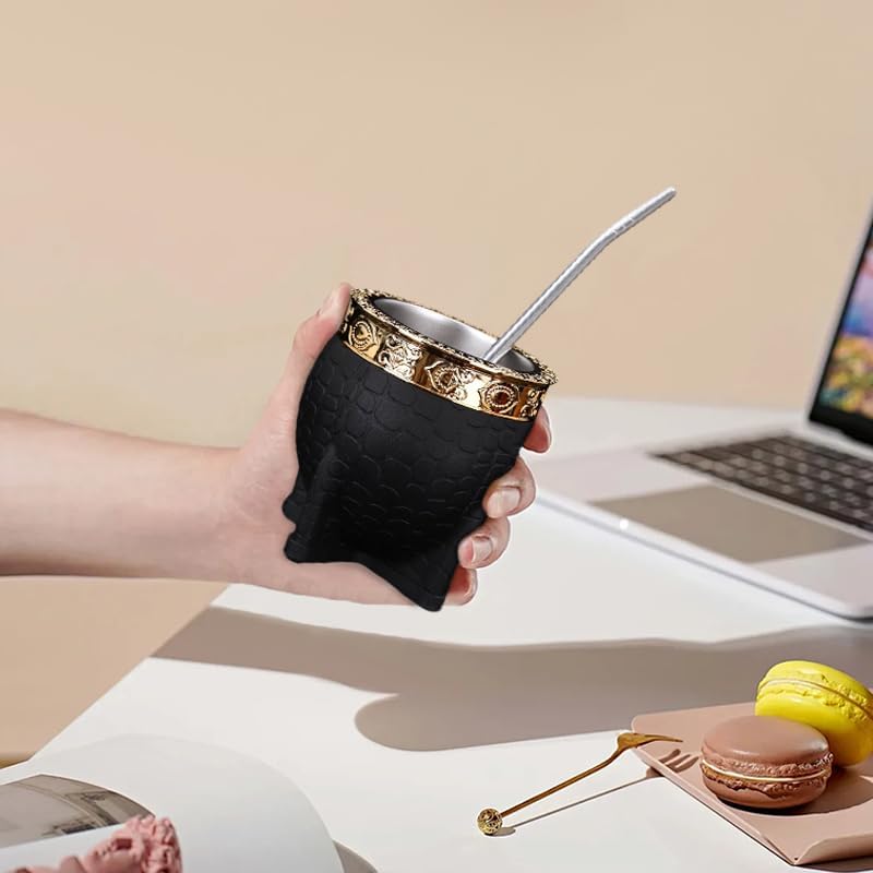 Mate Imperial Argentino Kit Mate, Taza de te Acero Inoxidable, With Straw Tea Gourd Mug One Bombilla (Straw), Wrapped Handmade Leather Ideal for Gift and Travel (Black) - Image 6