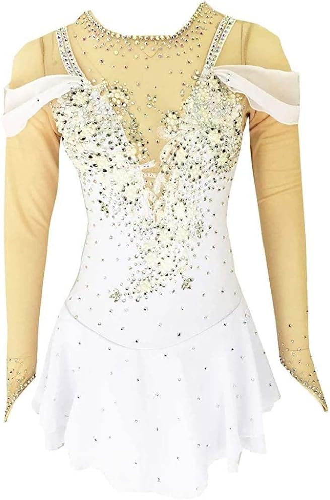SHANGN Figure Skating Dress Ice Skating Dress Rhythmic Gymnastics Leotard Professional Competition Costume Dance Costumes Girls Women Skating Wear,White-S