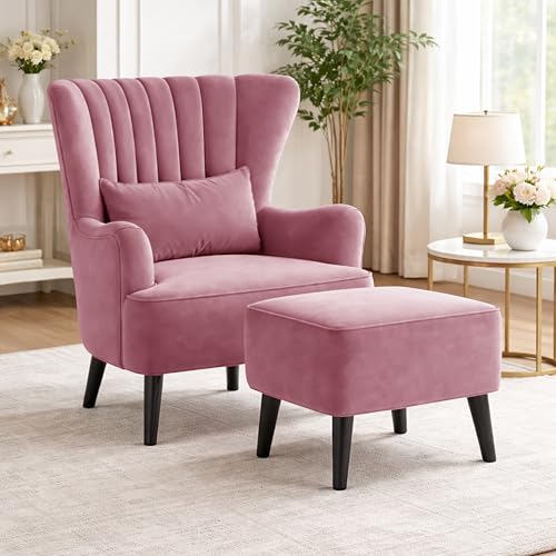 Image of Modern Velvet Wingback Accent Chair with Ottoman & Cushion for Living Room | Premium Upholstered Lounge Chair with Footrest |Rose Pink