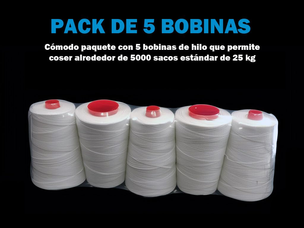 Hilo de Poliéster de Alta Resistencia Para Coser Sacos y Costales (Pack 5 bobinas, Blanco)