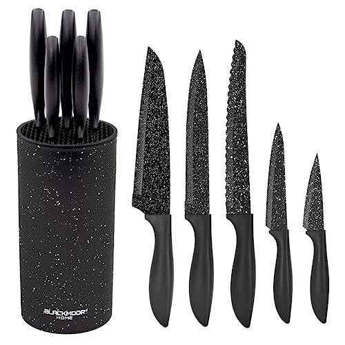Blackmoor 66929 5-Piece Knife Set/Comes with Freestanding Storage Block/Stainless Steel Knives/Non-Stick Black Marble Coating/Easy Clean/Modern & Stylish Kitchen Accessory