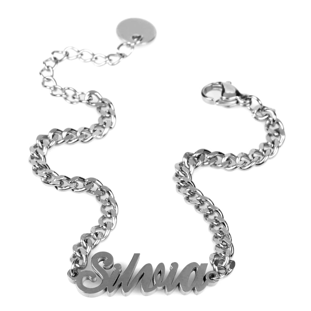 Flowers Bracciale in Acciaio con Nome in Corsivo Disponibile in Due colorazioni Dorato e Argentato