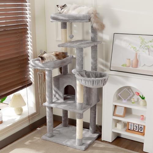 キャットタワー グレー スリム コーナー リビング 多頭飼い 猫ハウス 掃除簡単 爪とぎポール 55*45*145 キャットタワー 大型猫用 コンパクト 据え置き型 猫タワー 猫のおもちゃ 展望台 猫ベッド 運動不足解消 転倒防止 プレゼント