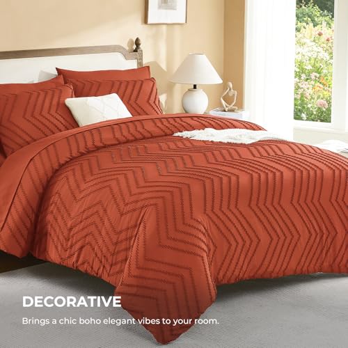 Image of Litanika Oversized King Size Comforter Set with Sheets Burnt Orange - 7 Pieces Bed in a Bag Oversized King Boho Tufted Complete Bedding Sets with Comforter, Sheets, Pillowcases & Shams