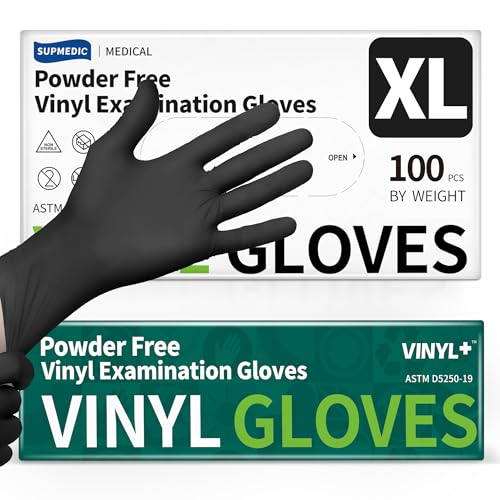 Supmedic Vinyl Disposable Exam Gloves Black 4 Mil Powder-Free Latex-Free Medical Food-Safe Cooking Cleaning Glove 100 Pcs (X-Large)