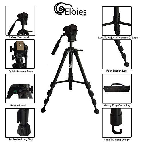 Image of Eloies EL974 Professional Series Heavy Duty Tripod Aluminium Made Adjustable with Cannon Nikon Sony Olympus Cameras & Mobile Phones| Three Way Pan Fluid Head Max Height 4.8 Foot.
