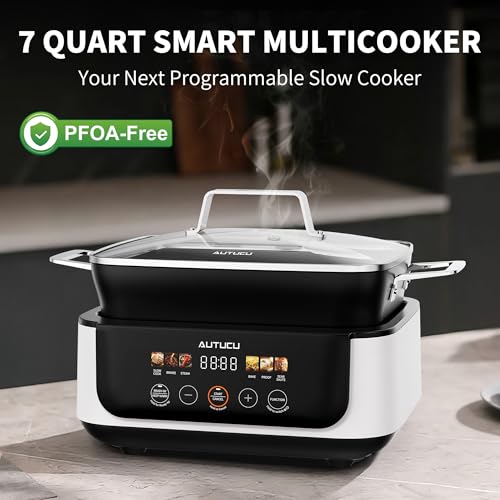 Image of Slow Cooker 7-Quart Programmable Multi-Cooker PFOA-Free Ceramic Coating, Warm, Sear saute, Steamer Function for Family Gatherings (Includes Silicone Spoon) White