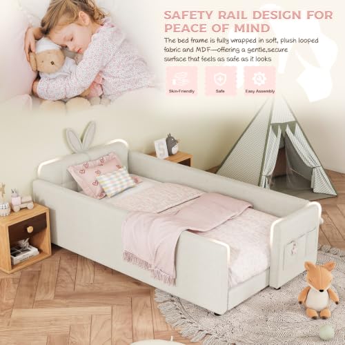 Image of Twin Size Bed Frame for Kids, Upholstered Daybed Frame Floor Bed with Safety Rails and Storage Pocket Cute Rabbit Ear Shaped Headboard for Kids Teens Boys Girls, Beige
