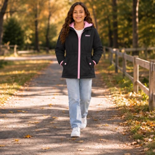 Image of DKNY Girls Midweight Jacket, Anorak Windbreaker, Polar Fleece Lined, Hooded