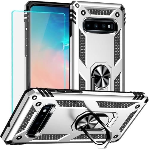 Coque Samsung Galaxy S10 argentée avec protège-écran HD et anneau