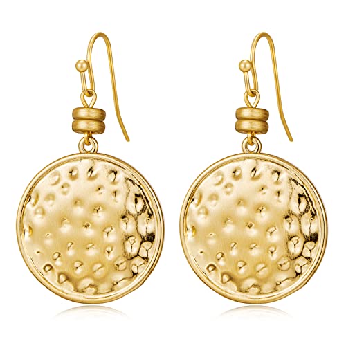 LILIE&WHITE Hammered Disc Antique Gold Dangle Earrings For Women Boho Earrings Minimalist Round Flat Drop Earrings Brush Effect