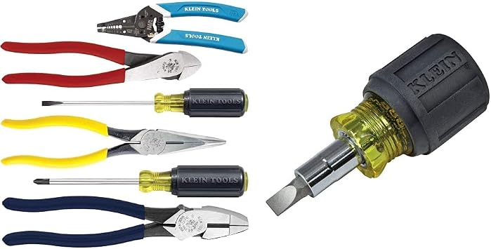 تتضمن مجموعة أدوات Klein Tools 80080 مفكات ، 3 كماشة ، متجرد سلكي وقاطع ، للكهربائيين ، 6 قطع و 32561 مفك متعدد البت / برنامج تشغيل المكسرات ، 6 في 1 مفك Stubby