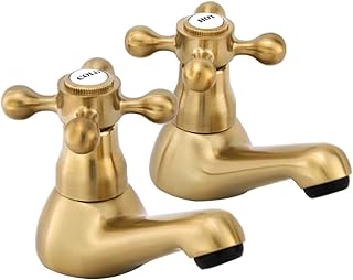 Victorian Gold Basin Taps Pair, 1/4 Turn Brushed Golden Brass Traditional Pillar Taps, G1/2 UK Bathroom Sink Tap 061AGO