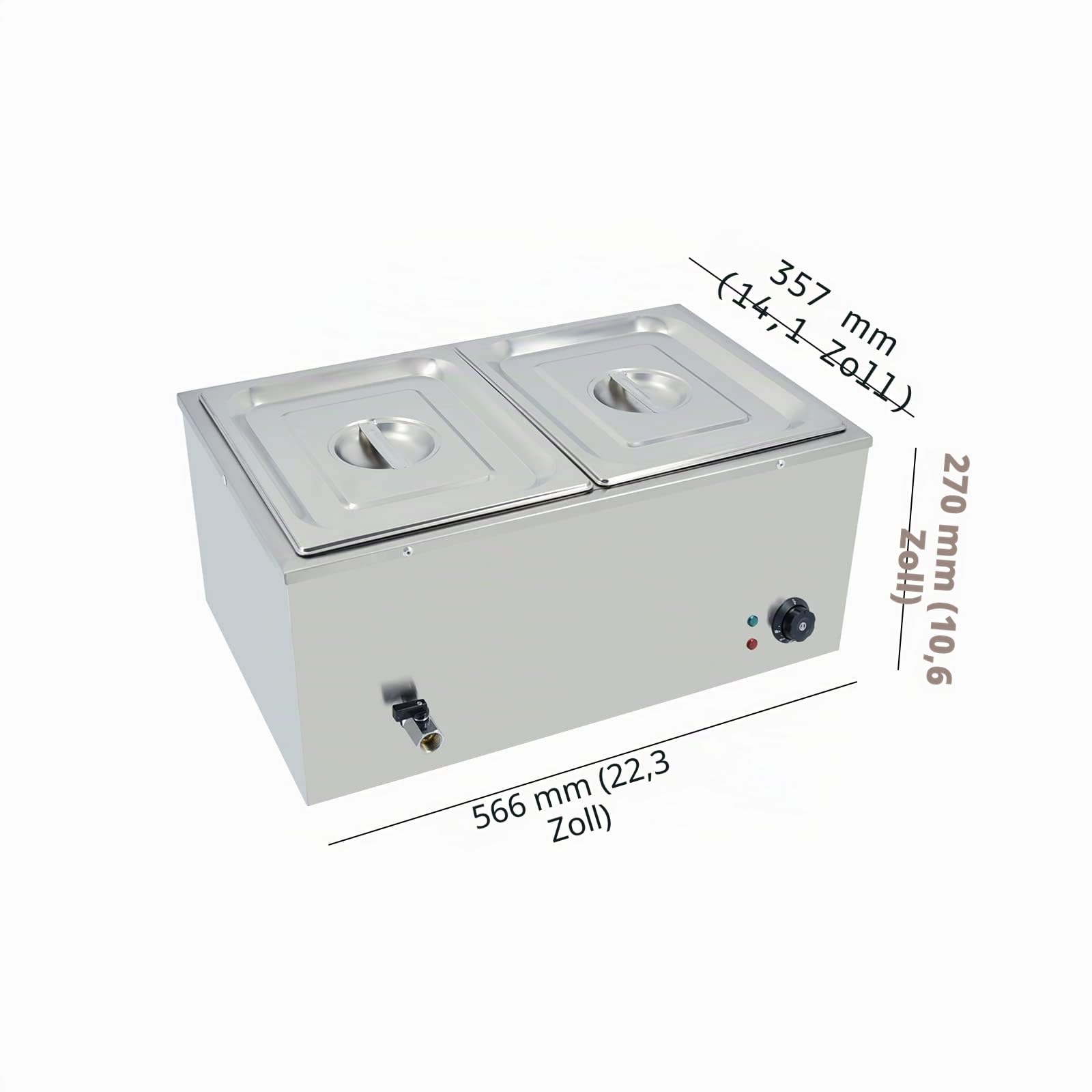 TAIMIKO Elektrisches Wasserbad aus Edelstahl, 220 – 240 V, 1500 W, Kommerziell Speisewärmer, Bain Marie 2 Behälter, Töpfe mit Ablassventil, Temperaturkontrolle