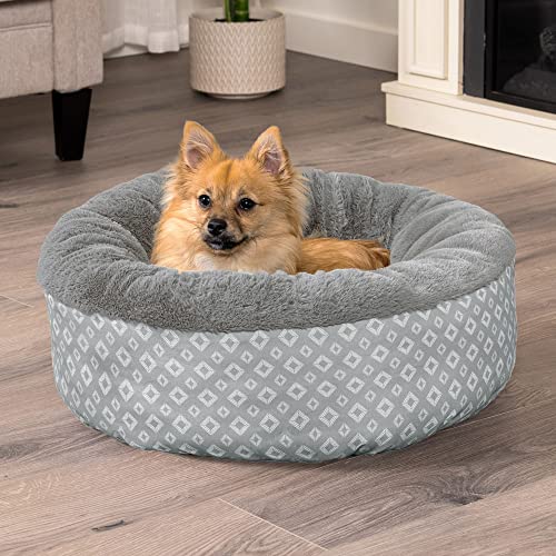 Image of Furhaven 23 inch Round Donut Dog Bed for Indoor Cats & Small Dogs, Washable, For Dogs Up to 20 lbs - Plush & Diamond Print Donut Bed - Gray, Small