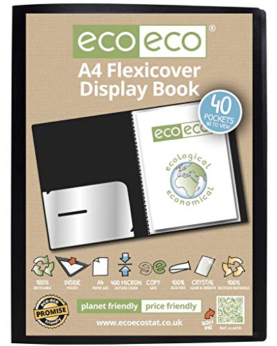 eco-eco A4 100% Recycled 40 Pocket Black Flexible Cover Portfolio Book Folder Display Book