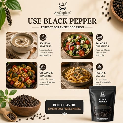 Image of ArtOspices Bold Black Pepper 500g | Export Quality Whole Kali Mirch | High Density Peppercorns | Rich Aroma & Natural Oil | Premium Idukki Spice for Cooking & Seasoning