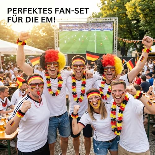 Deutschland Fanartikel, Fußball WM 2026, 13 Stück WM 2026 Fanartikel Set mit Perücke Brille Girlanden Aufkleber und Pfeife, WM Fanartikel für Stadionbesuche und Nationalmannschaft Unterstützun