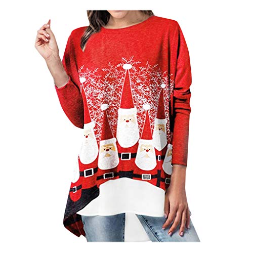 Preisvergleich Produktbild LOPILY Weihnachtspullover Damen Zweilagige Weihnachtspullis mit Santa Claus Druck Lustig Rot Weihnachten Shirts Damen Norweger Pullover Hoody Damen Kapuze Festlich Rundhalspullover (Rot, 3XL)