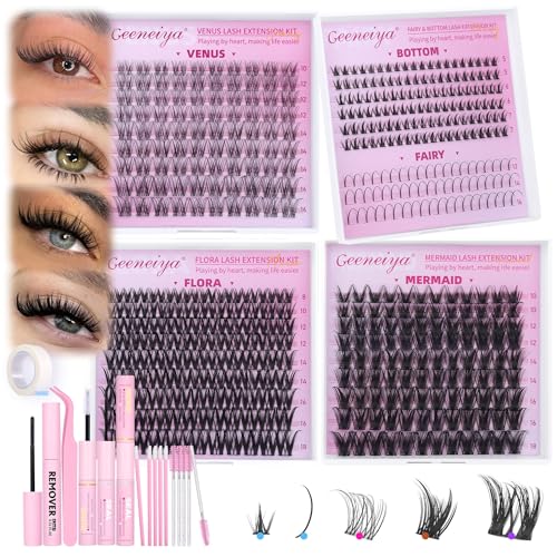 [NATURAL]Geeneiya 5 Styles Lash Clusters Kit, Mermaid/Venus/Flora/Bottom Fairy Eyelash Clusters Extensions 3D Wispy Lash Extension Kit for Beginners, DIY at Home Easily