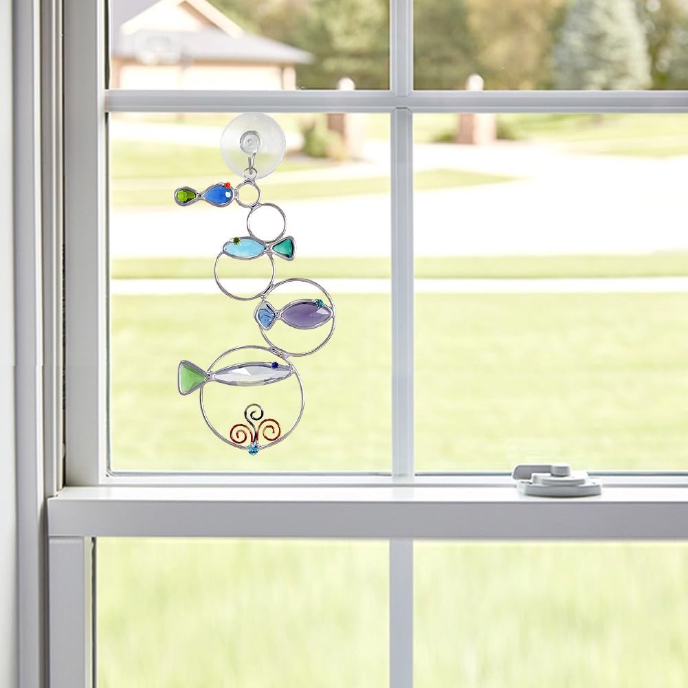 Bubbles and Fish Art Glass Sun Catcher, 6.75" x 4", Made in the USA
