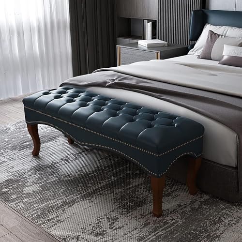 Taburete moderno multifunción azul y negro para pie de cama o banco de sofá tapizado de madera 2