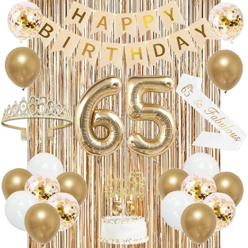 Image of Trgowaul 65th Birthday Decorations for Women, Banner, Sash and Crown, Cake Topper, 65 Number Balloon, Fringe Curtains, Champagne Gold 65th Birthday Party Supplies