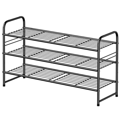 Image of Standard Shoe Rack 3-Tier 32.5 Inches Wide, Free Standing Shoe Organizer for Indoor Outdoor | Adjustable Heavy-Duty Metal Shelf Ideal for Home Entryway Closet & Garage Balcony | Black