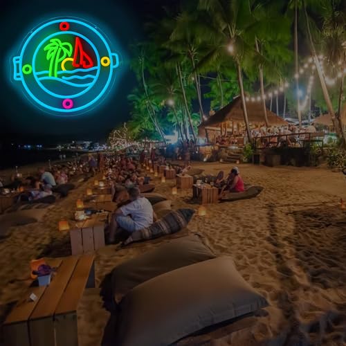 Image of Ship Porthole Neon Sign,Ocean Palm Tree Sign, Summer Holiday Led Light Up for Room Decor, Tropical Island Led Sign For Wall Decor Party Decor Gifts