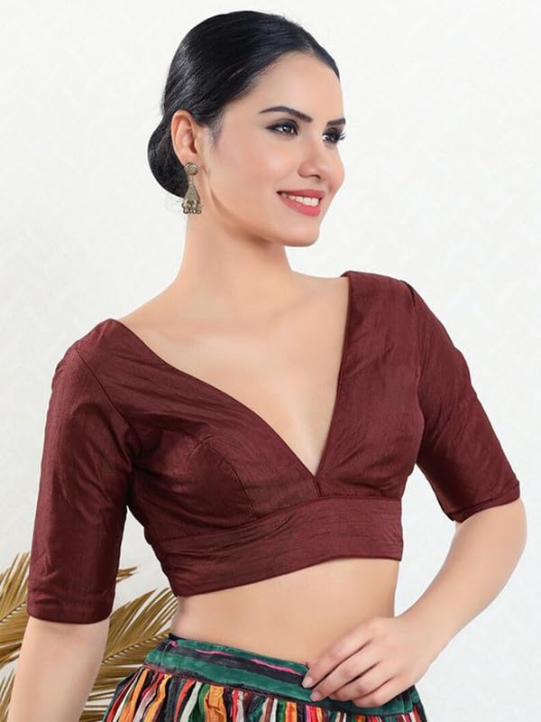 Image of Dupion Silk Solid Non Padded Saree Blouse Top V-Neck Short Sleeves Hook and Eye Closure and Tie-Up Back Choli